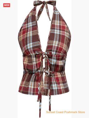 Y2K Plaid Tie Back Halter Top Vintage Backless Going Out Top
